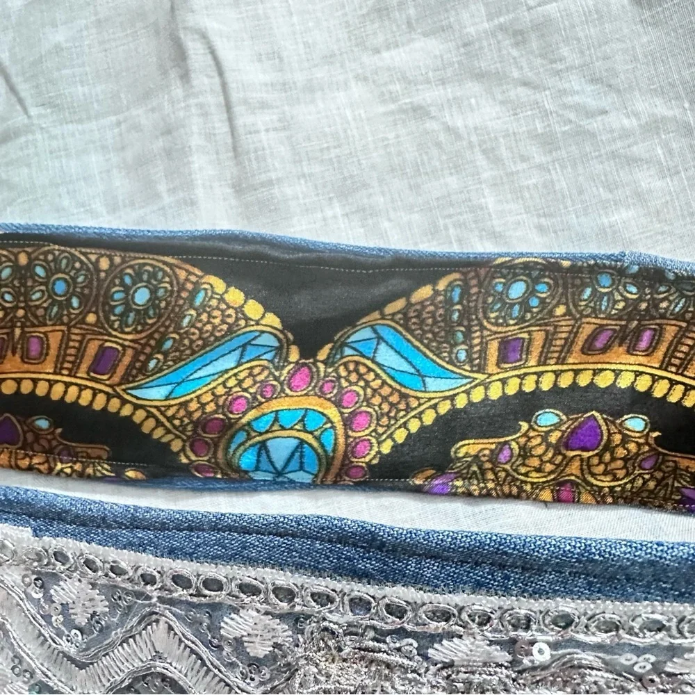 Artisan Boho Denim Coin Belt Handmade Upcycled Festival Waist Belt 33-38 Signed